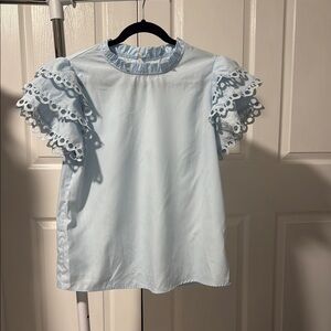 Blue Flutter Sleeve Ruffled Blouse